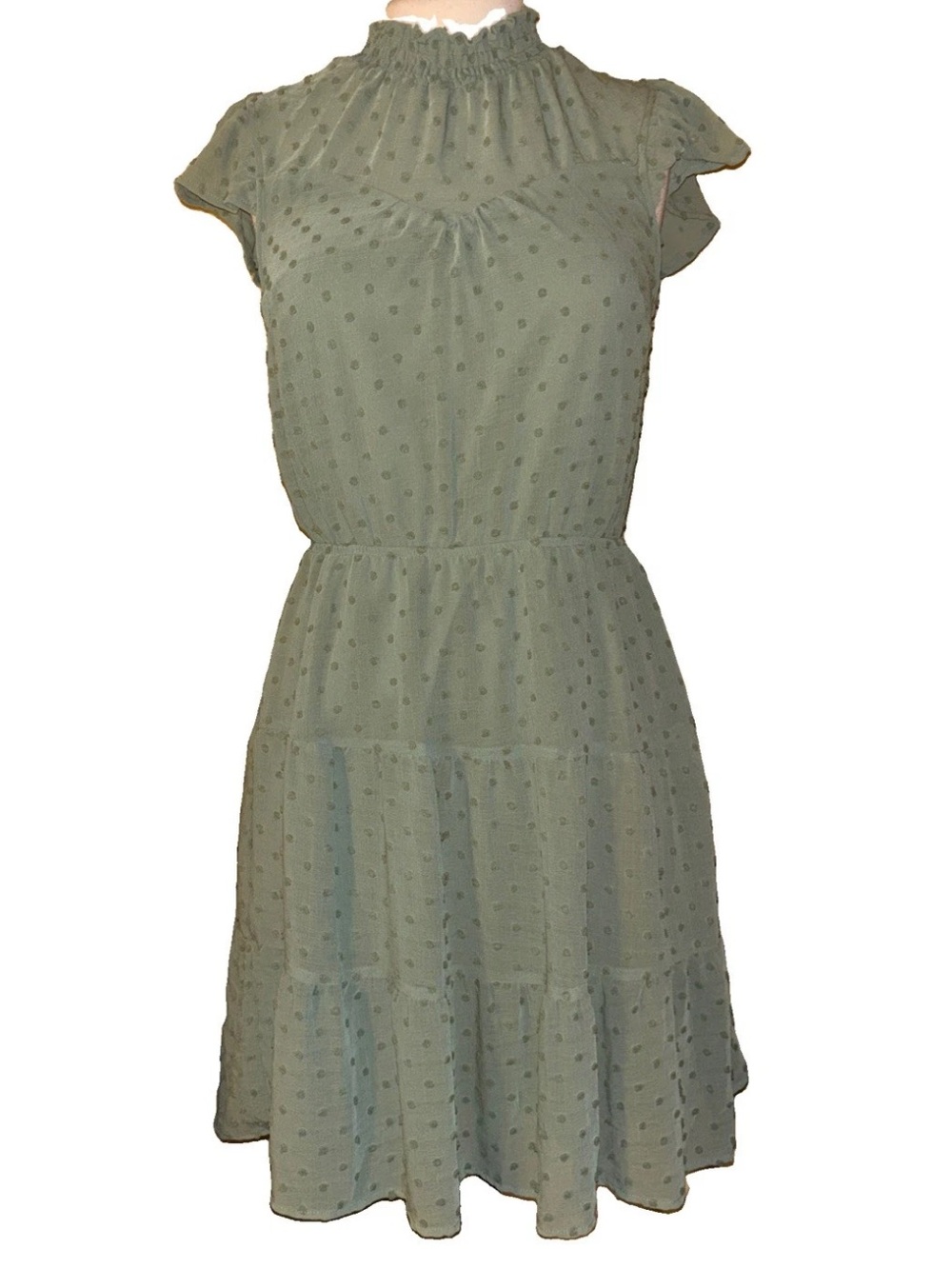 Monteau Light Green Swiss Dot Ruffle-Neck Dress
